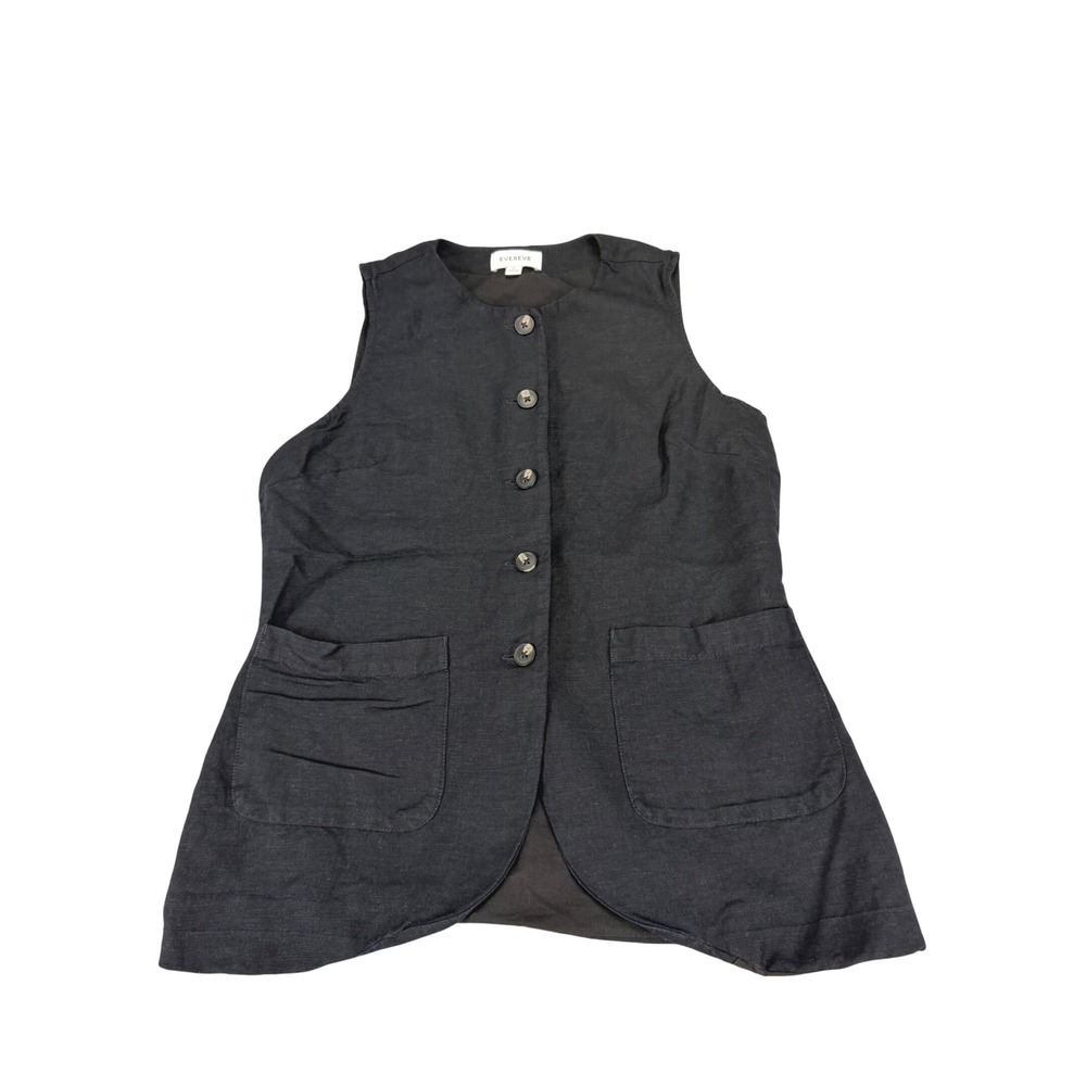 Evereve Womens Black Linen Blend Button Front Pocketed Vest Size Small